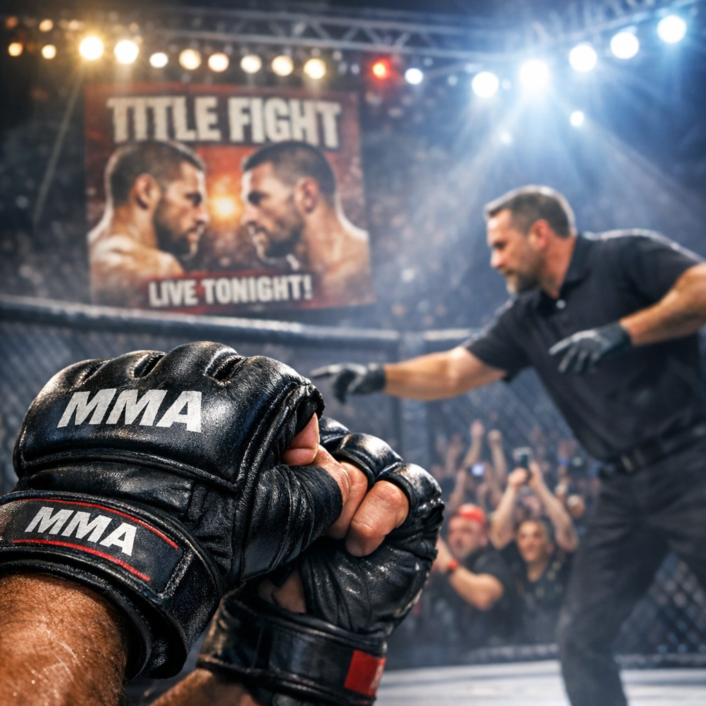 MMA gloves and fight poster for Rousey vs Carano