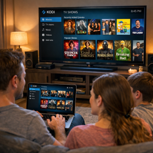 User enjoying Kodi TV series on a laptop