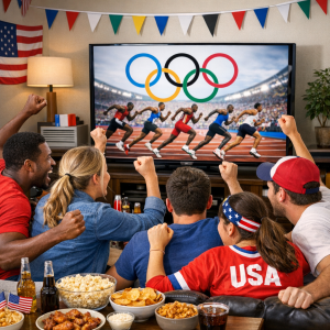 people watching Olympics on TV in a living room