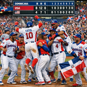 Dominican Republic baseball team celebrating during the Baseball Classic
