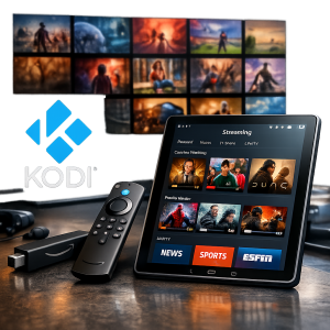 Kodi logo and Firestick device