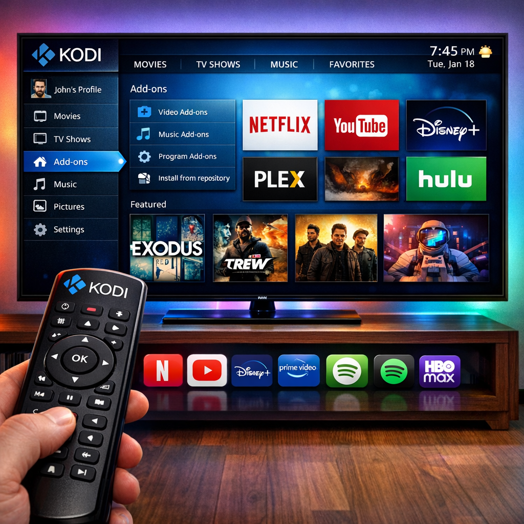 Latest Kodi interface with add-ons and settings
