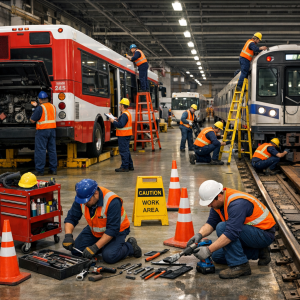 public transport crew conducting scheduled maintenance updates