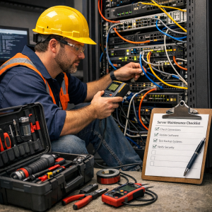technician performing scheduled maintenance updates on a server