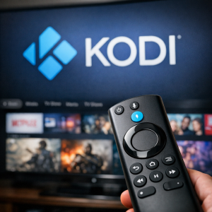 Kodi logo on a screen with Fire TV remote